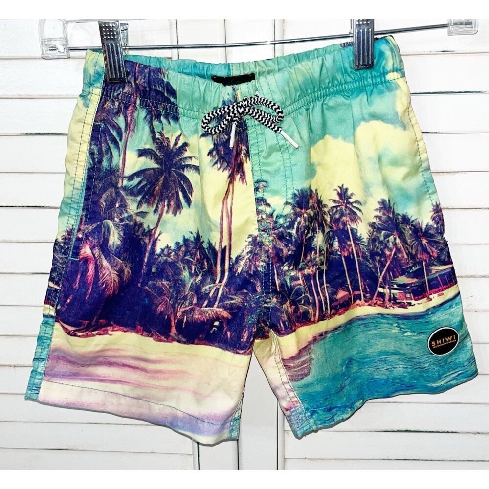 Boys Swim Trunks Blue Palm Trees Tropical Size 8